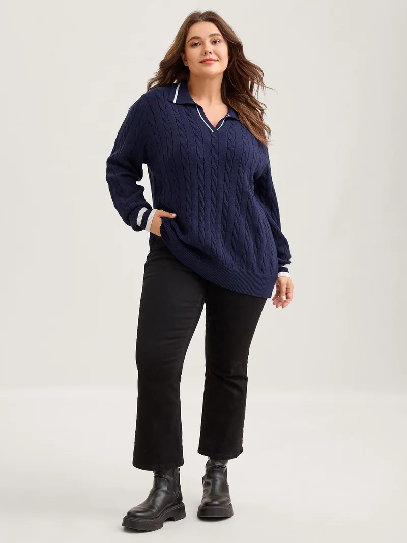 Supersoft Cable Knit Polo Collar Contrast Pullover