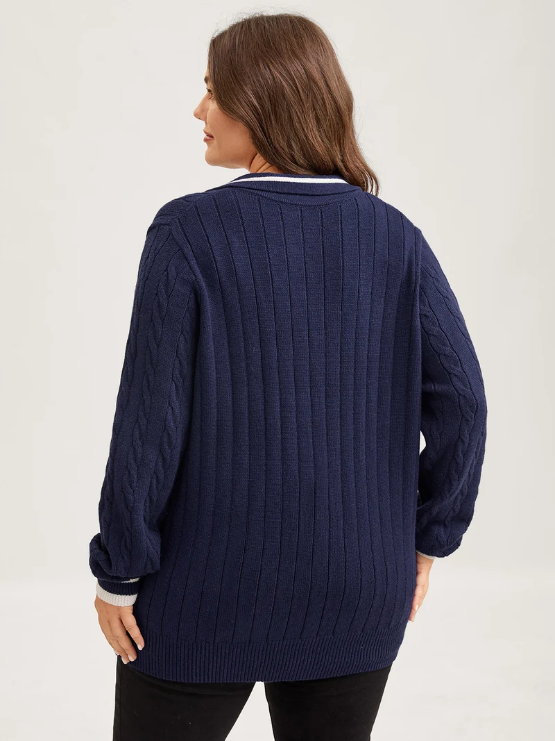 Supersoft Cable Knit Polo Collar Contrast Pullover