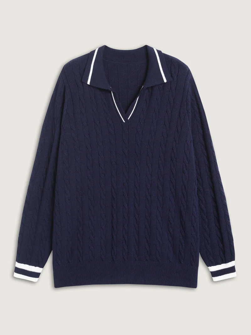 Supersoft Cable Knit Polo Collar Contrast Pullover