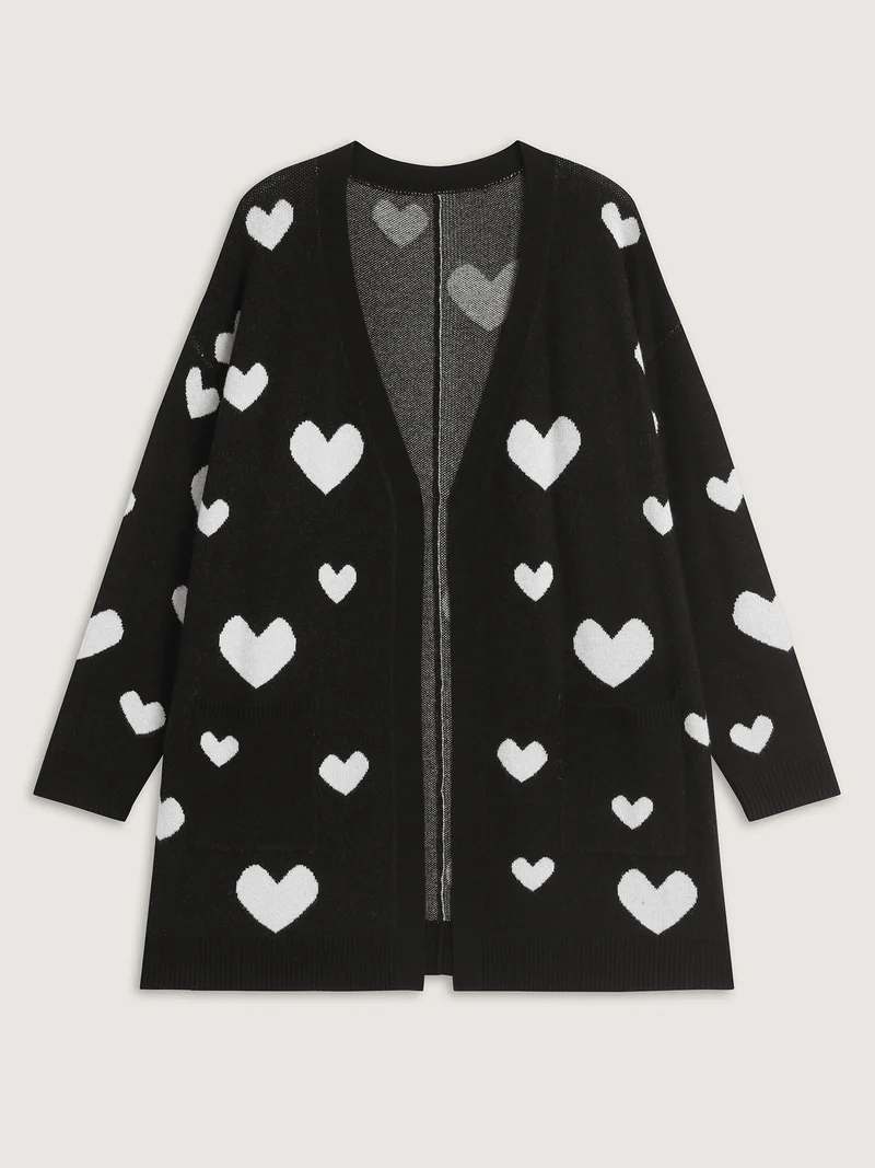 Love Jacquard Pockets Knit Cardigan