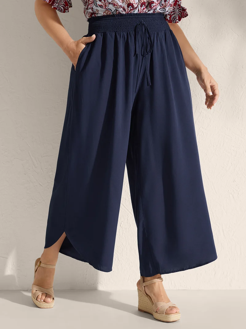 Shirred Waist Curvy Hem Wide-Leg Pants