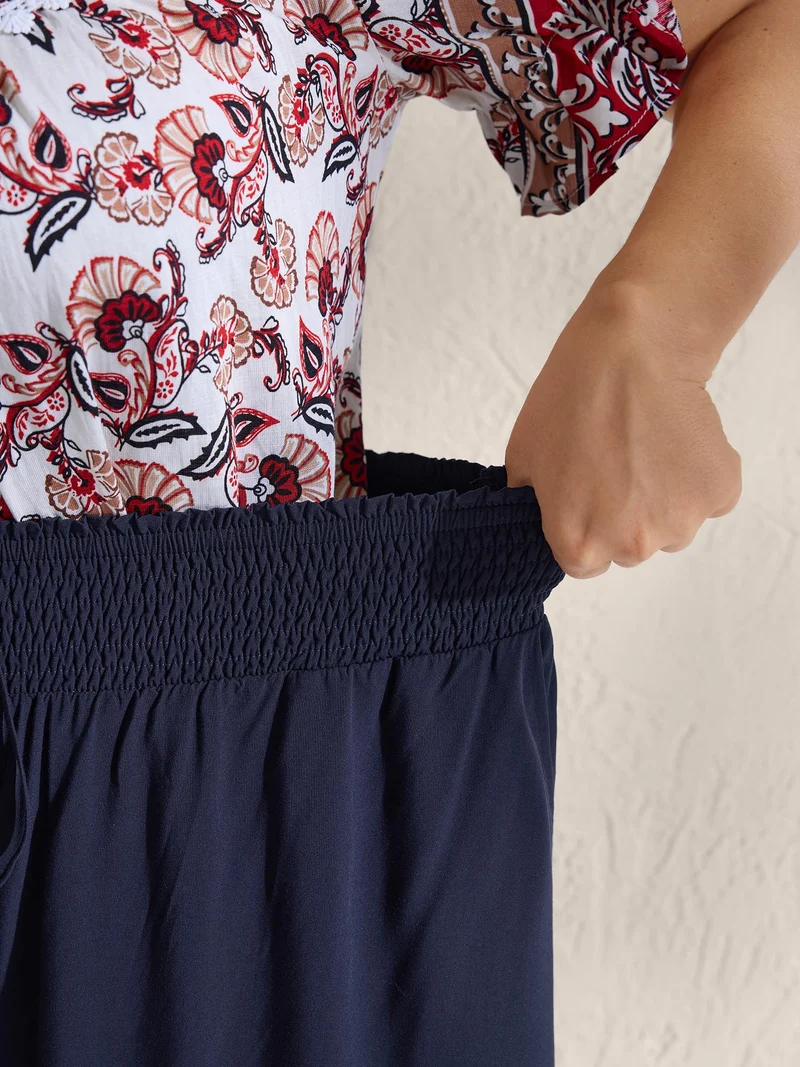 Shirred Waist Curvy Hem Wide-Leg Pants