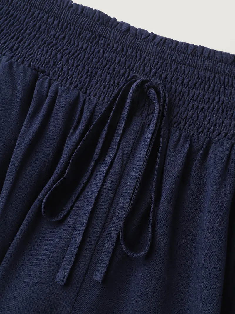 Shirred Waist Curvy Hem Wide-Leg Pants