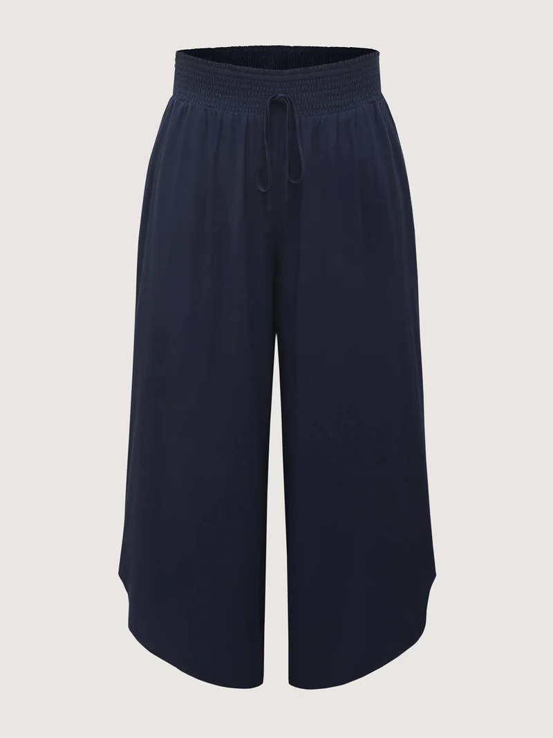 Shirred Waist Curvy Hem Wide-Leg Pants