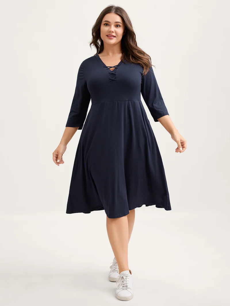 Supersoft Neck Tie-Up Pockets Midi Dress
