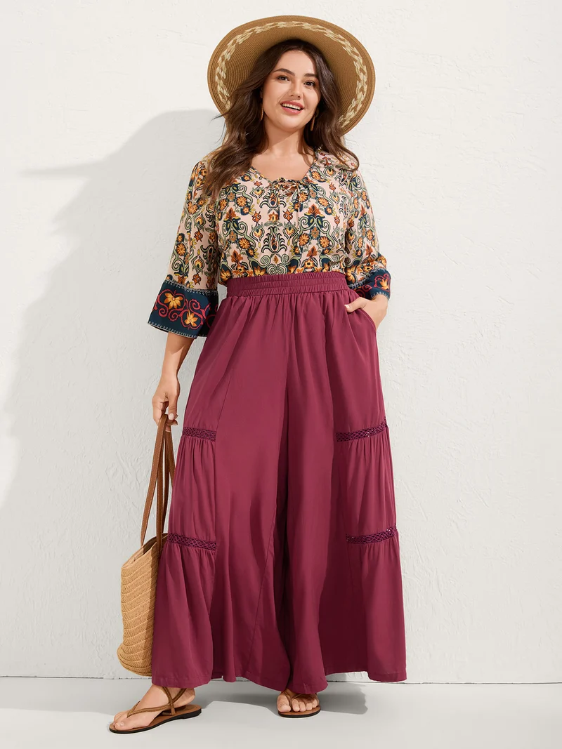 Lace Trim Pleated Wide-Leg Pants