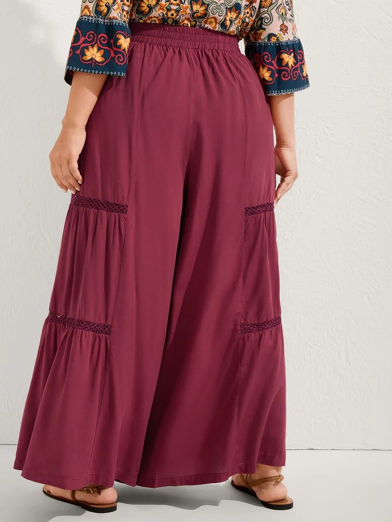 Lace Trim Pleated Wide-Leg Pants