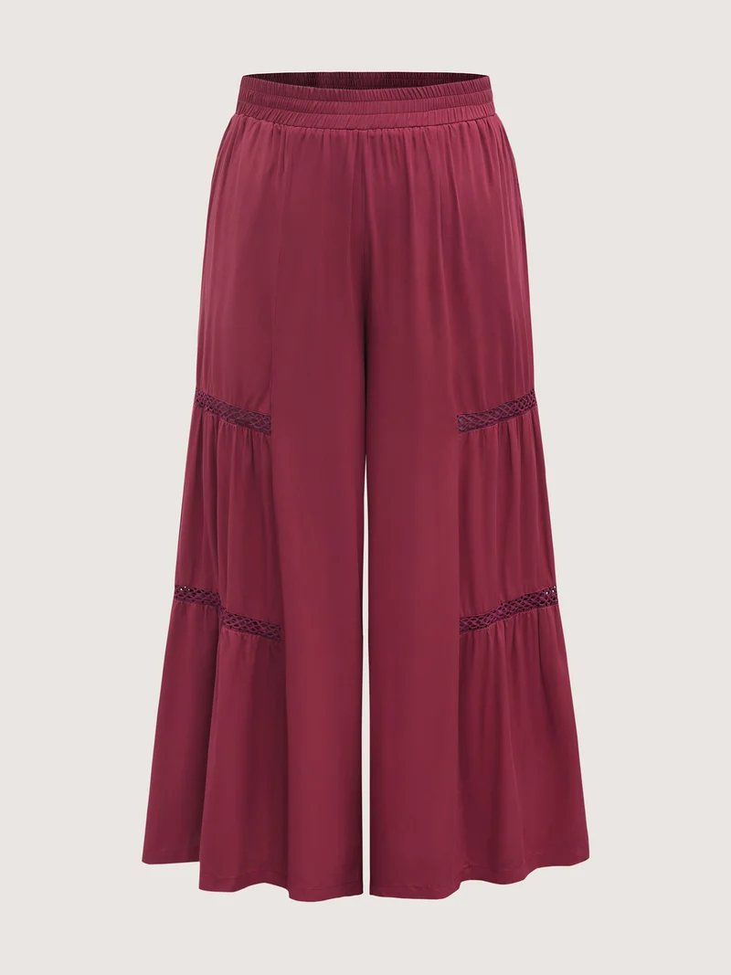 Lace Trim Pleated Wide-Leg Pants