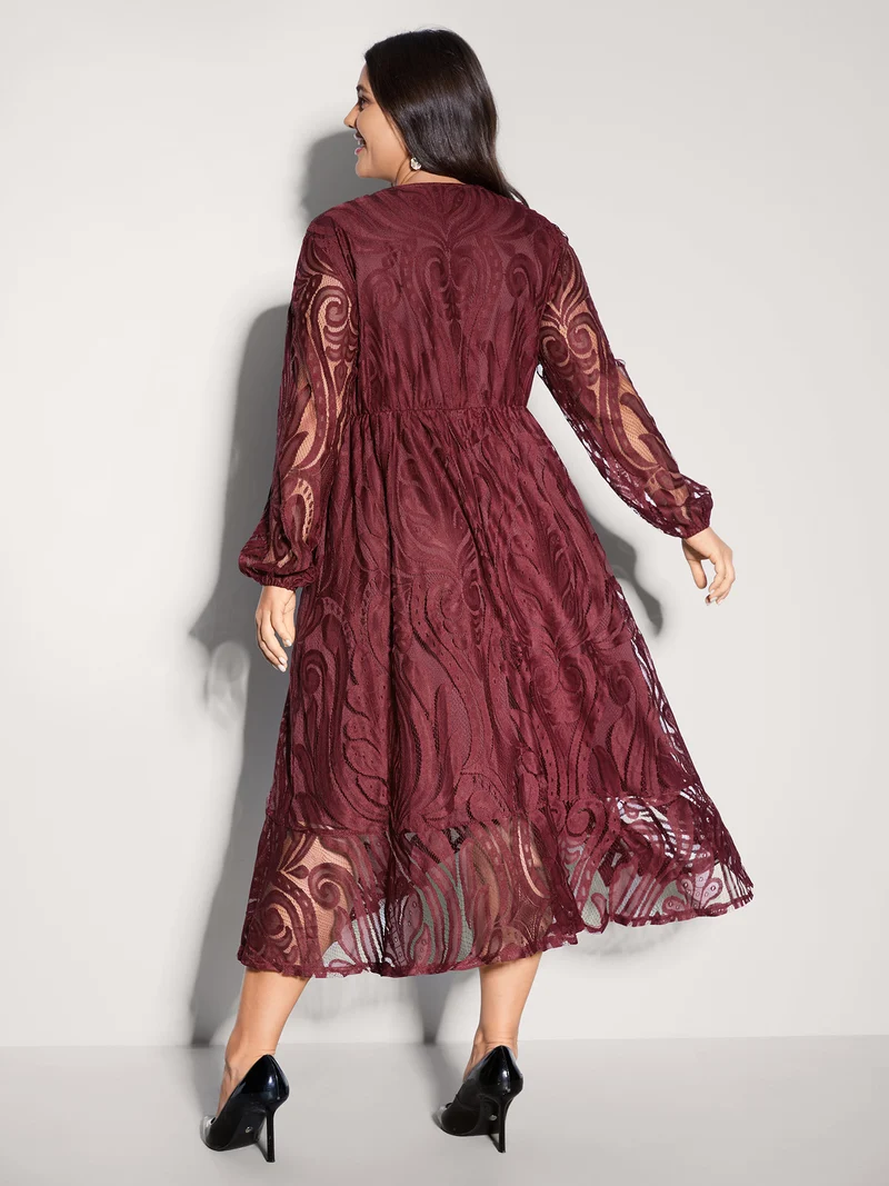 Textured Sheer Lace Midi Dress