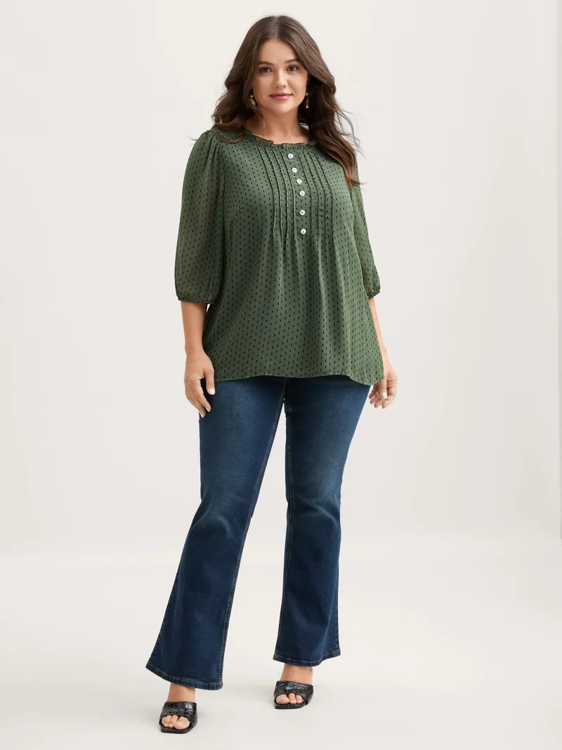 Polka Dots Pin Tuck Button Detail Blouse