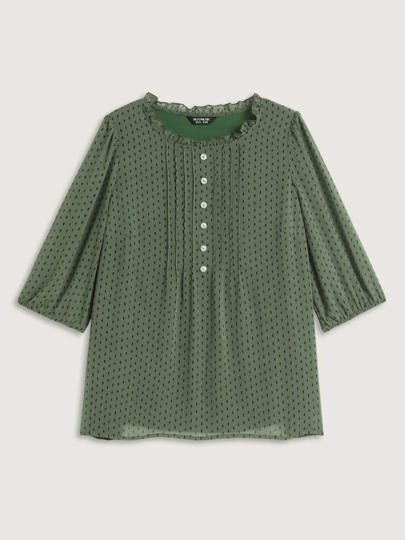 Polka Dots Pin Tuck Button Detail Blouse