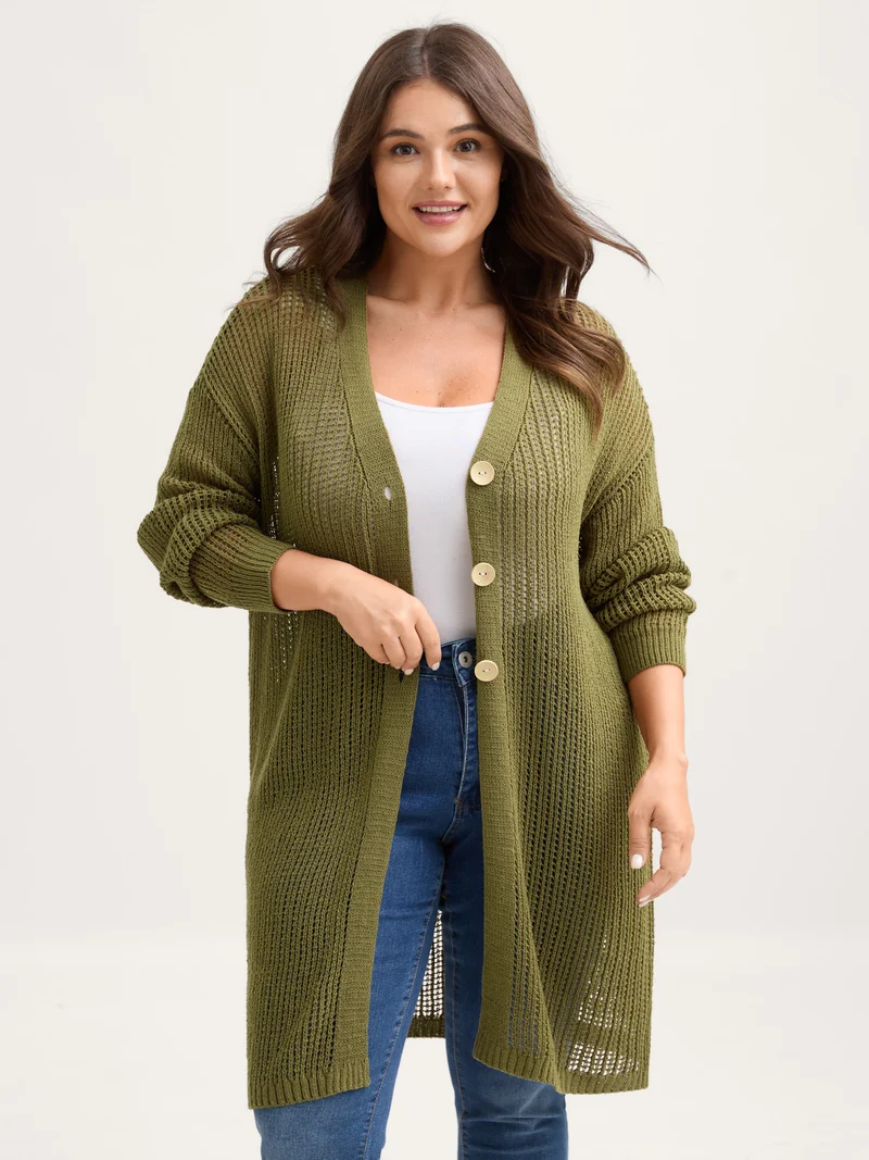 Textured Cut-Out Button Detail Cardigan