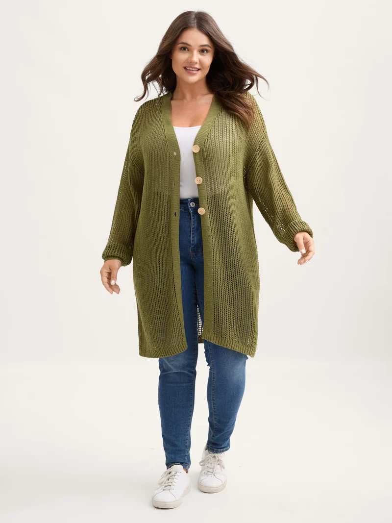 Textured Cut-Out Button Detail Cardigan