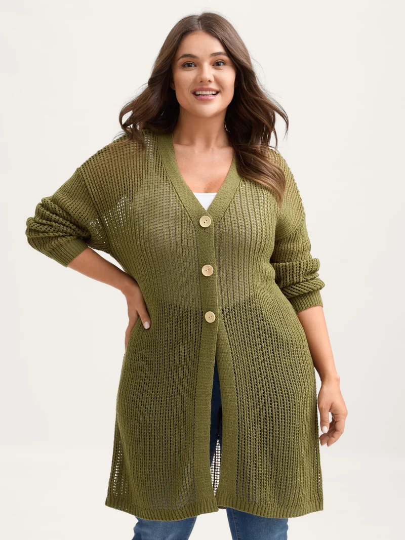 Textured Cut-Out Button Detail Cardigan