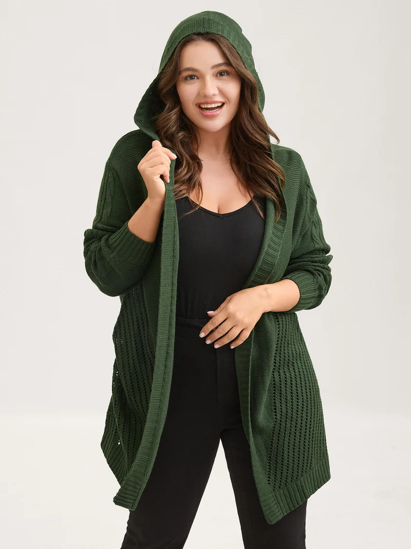 Textured Cut-Out Hooded Knit Cardigan