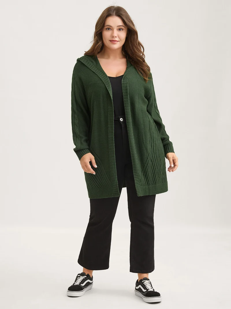 Textured Cut-Out Hooded Knit Cardigan