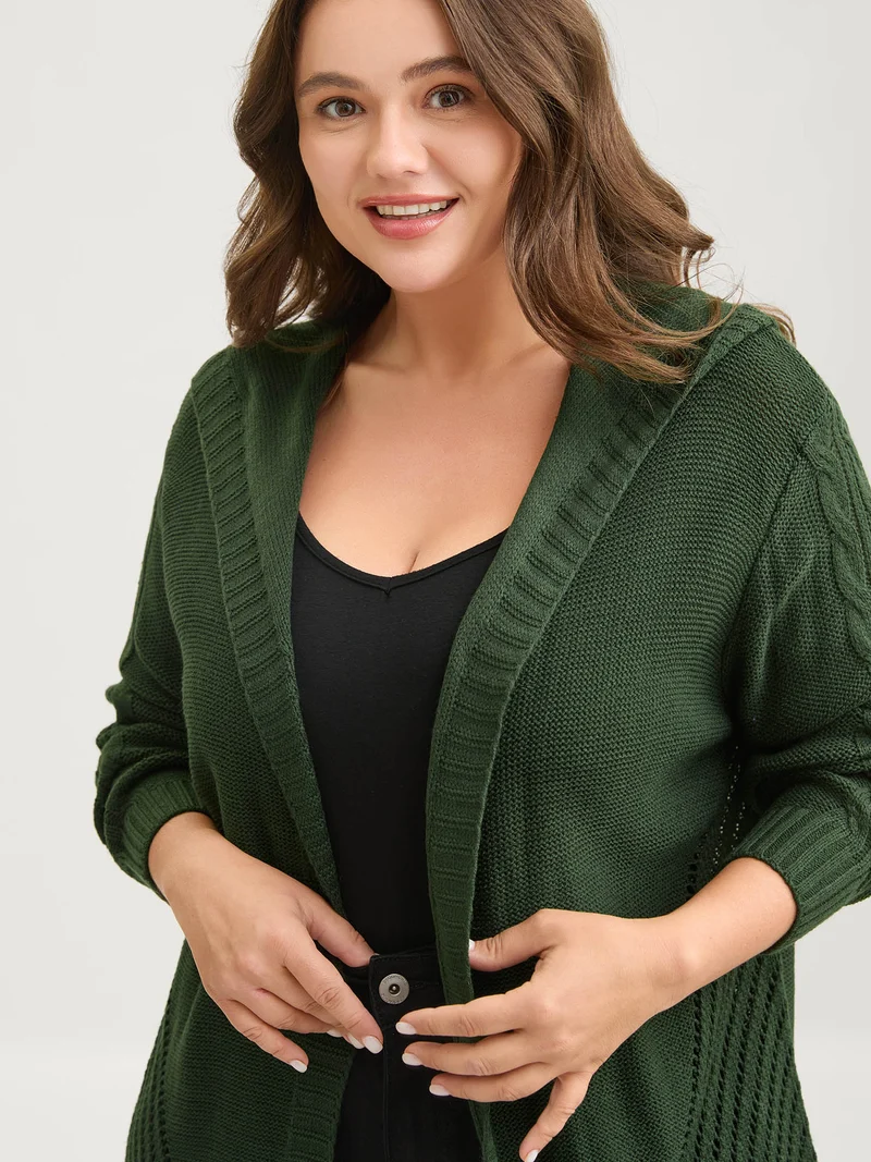 Textured Cut-Out Hooded Knit Cardigan