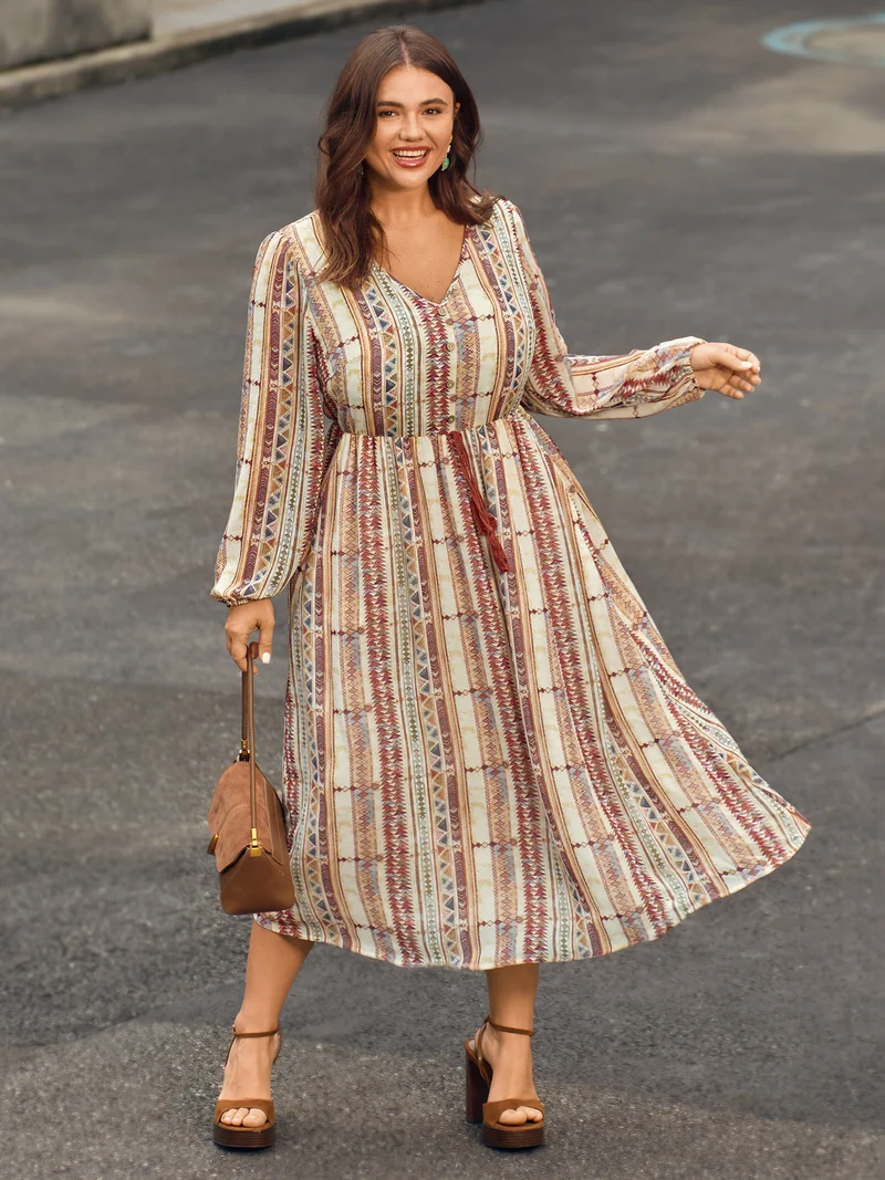 Geometric Stripes Stretchy Waist-Tie Maxi Dress