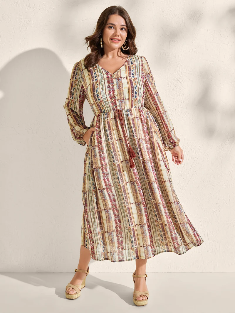 Geometric Stripes Stretchy Waist-Tie Maxi Dress