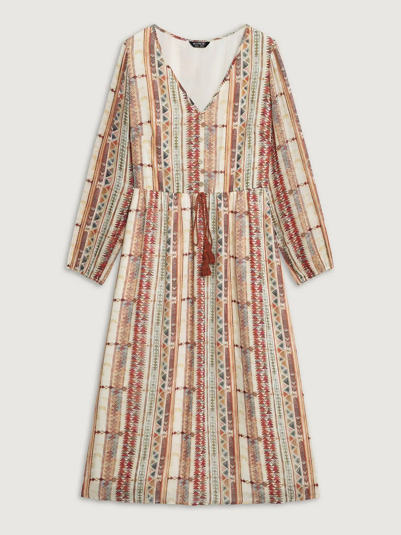 Geometric Stripes Stretchy Waist-Tie Maxi Dress