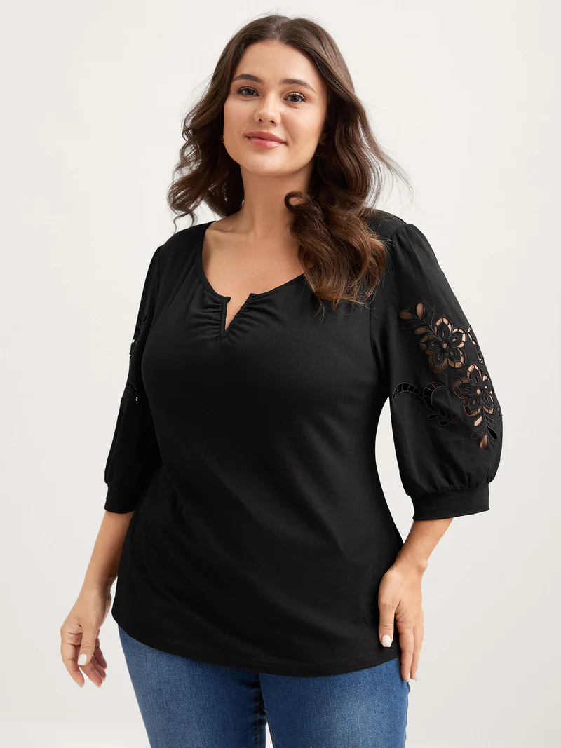 Cut-Out Embroidery Sleeve Solid T-Shirt