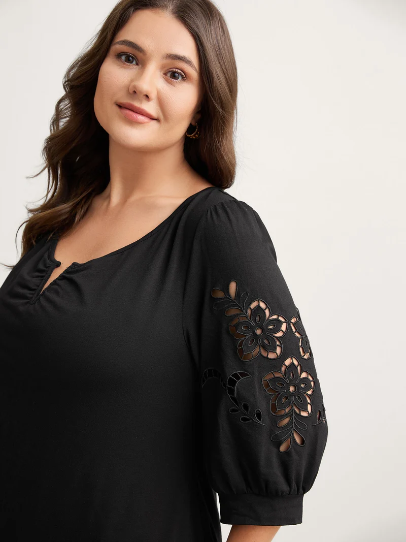 Cut-Out Embroidery Sleeve Solid T-Shirt