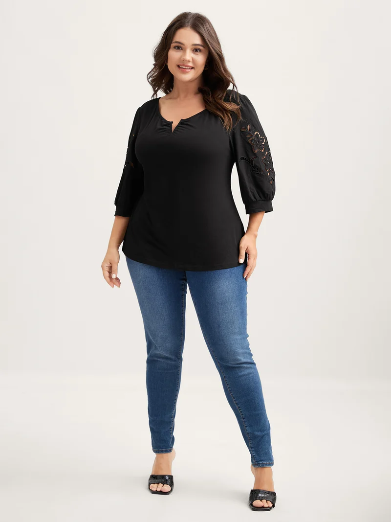 Cut-Out Embroidery Sleeve Solid T-Shirt
