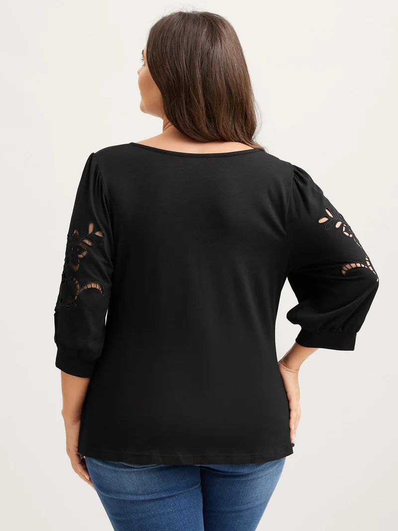 Cut-Out Embroidery Sleeve Solid T-Shirt