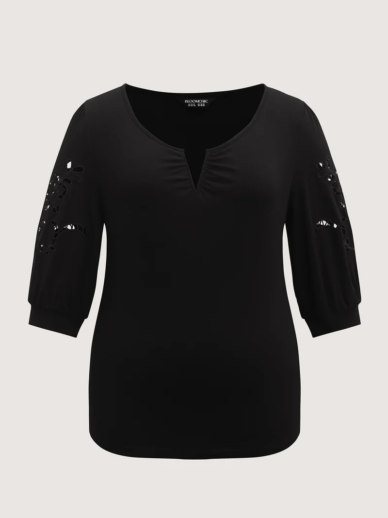 Cut-Out Embroidery Sleeve Solid T-Shirt