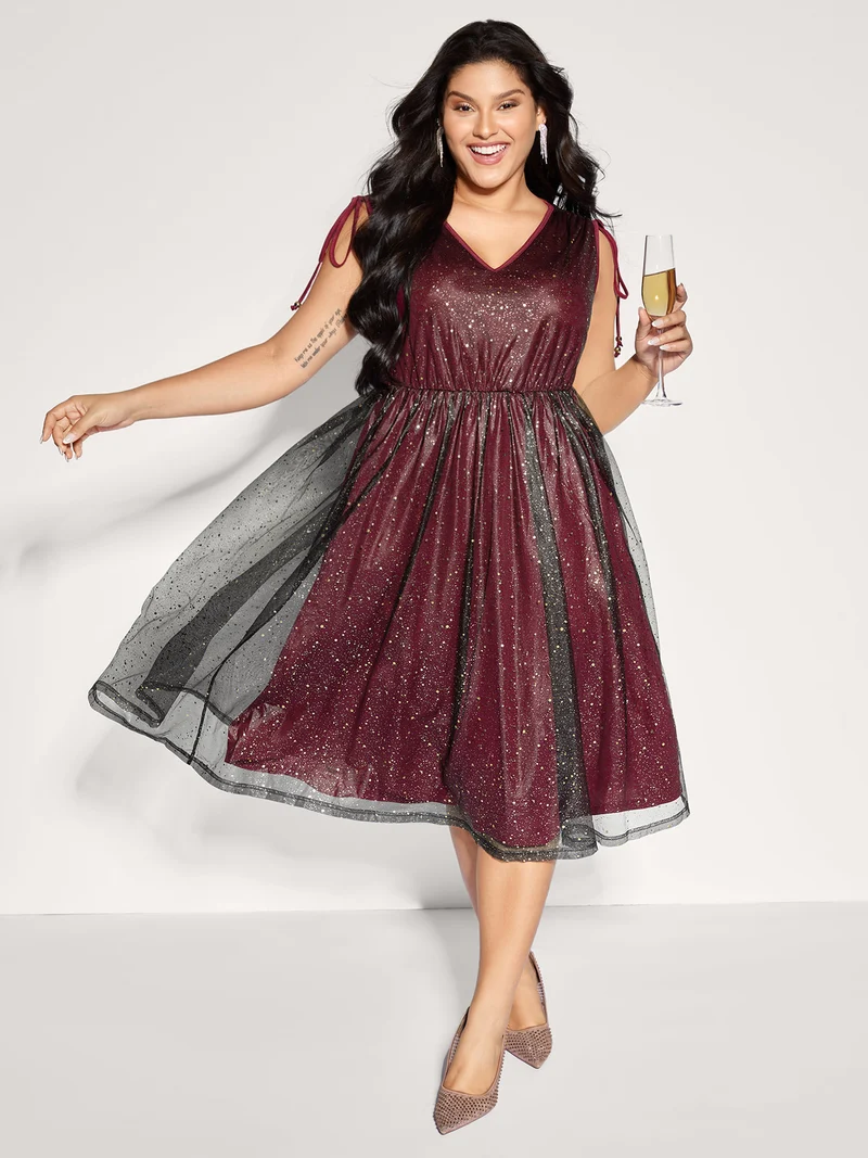 Shimmery Sequin Rhinestones Shoulder Tie Midi Dress
