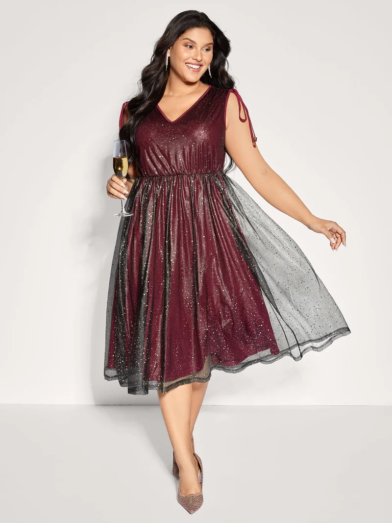 Shimmery Sequin Rhinestones Shoulder Tie Midi Dress