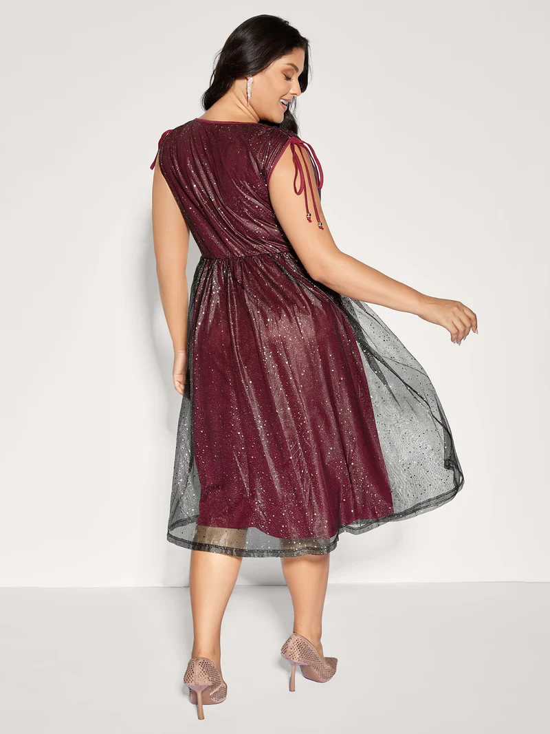 Shimmery Sequin Rhinestones Shoulder Tie Midi Dress