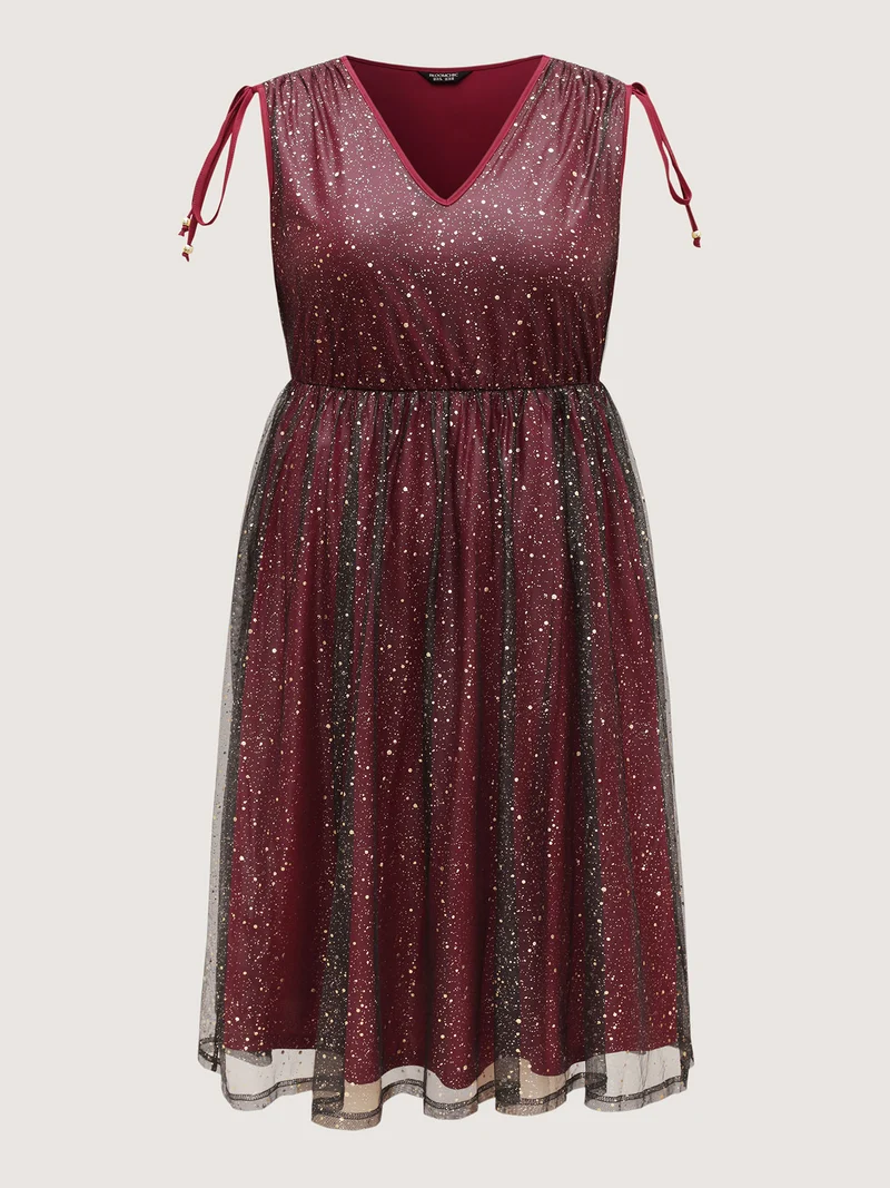 Shimmery Sequin Rhinestones Shoulder Tie Midi Dress