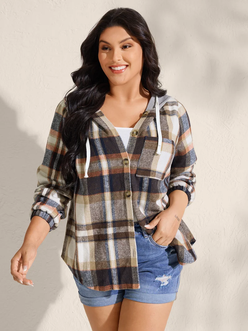 Plaid Print Textured Hooded Jacket