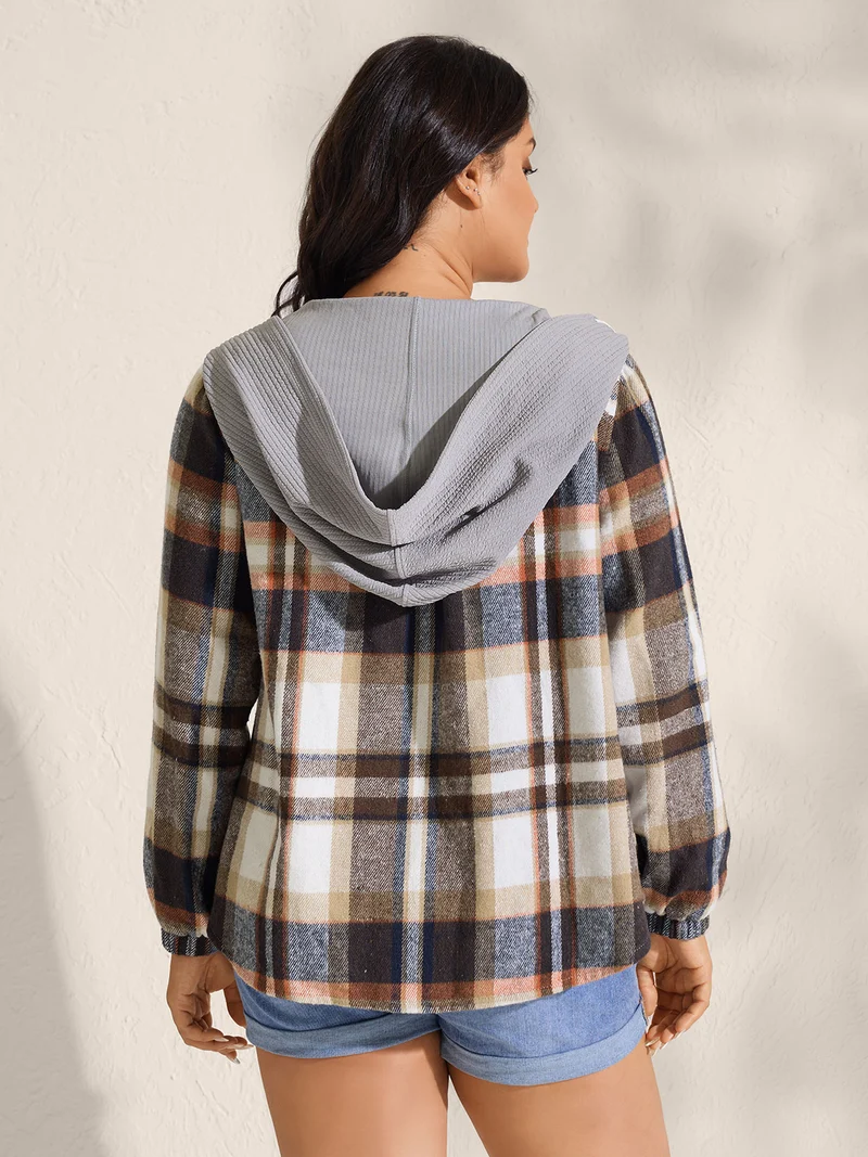 Plaid Print Textured Hooded Jacket