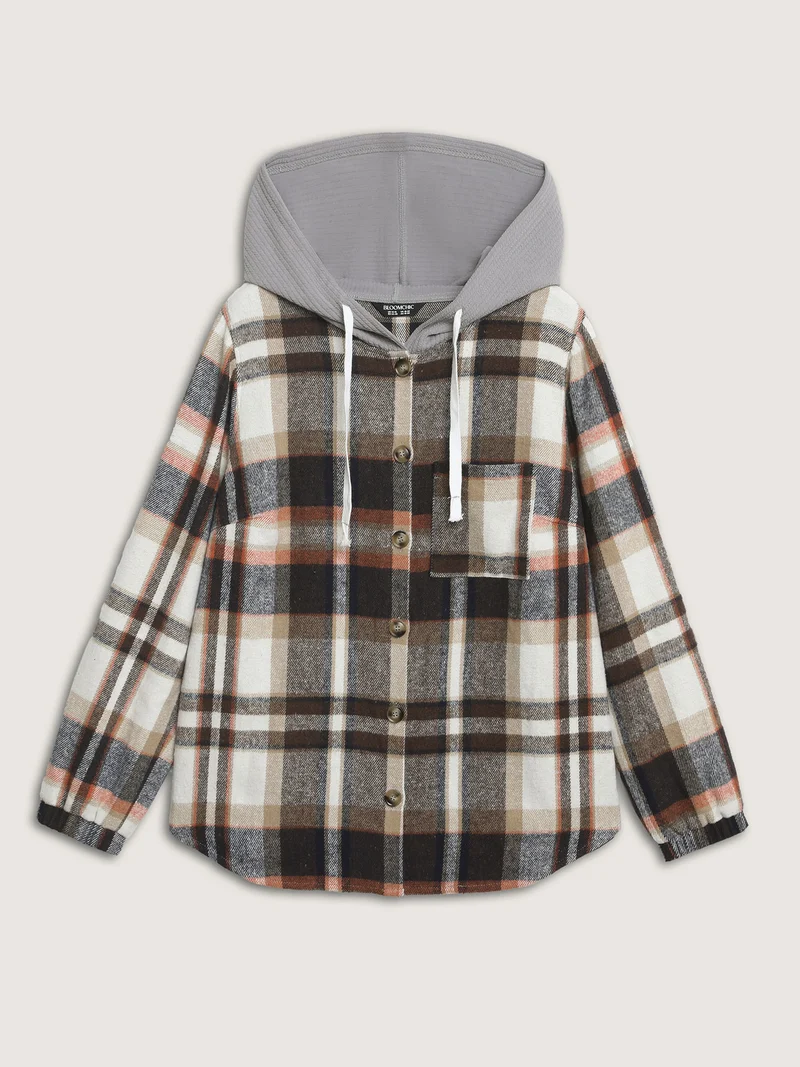 Plaid Print Textured Hooded Jacket