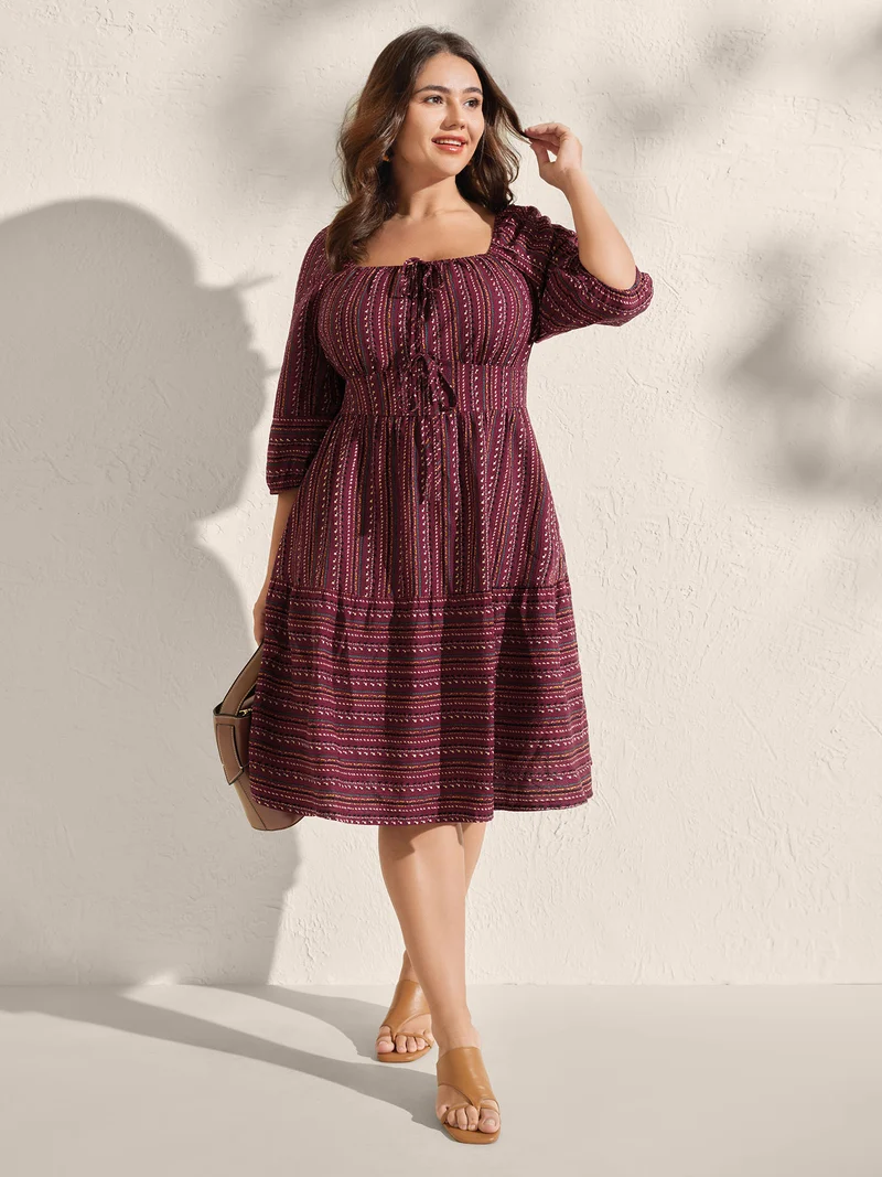 Fall Stripes Cinched-Waist Tie Midi Dress