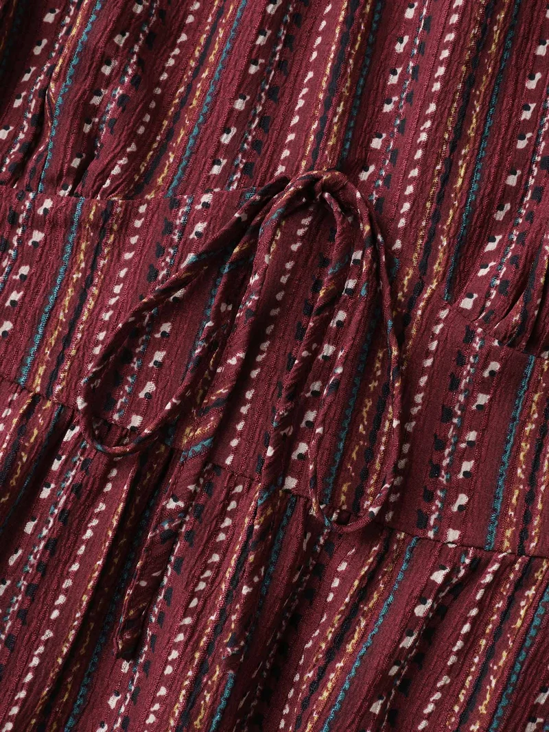 Fall Stripes Cinched-Waist Tie Midi Dress