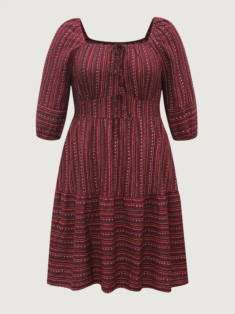 Fall Stripes Cinched-Waist Tie Midi Dress