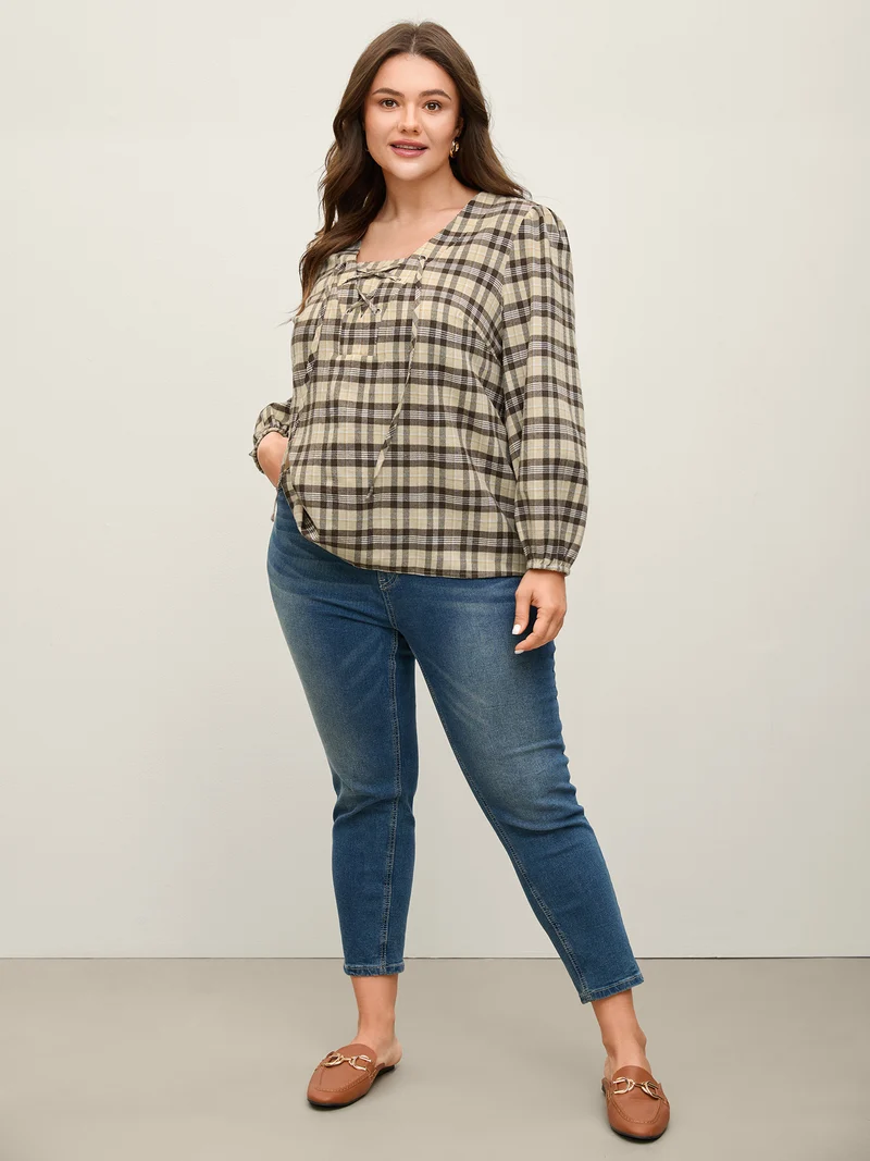 Plaid Print Neck Tie-Up Blouse