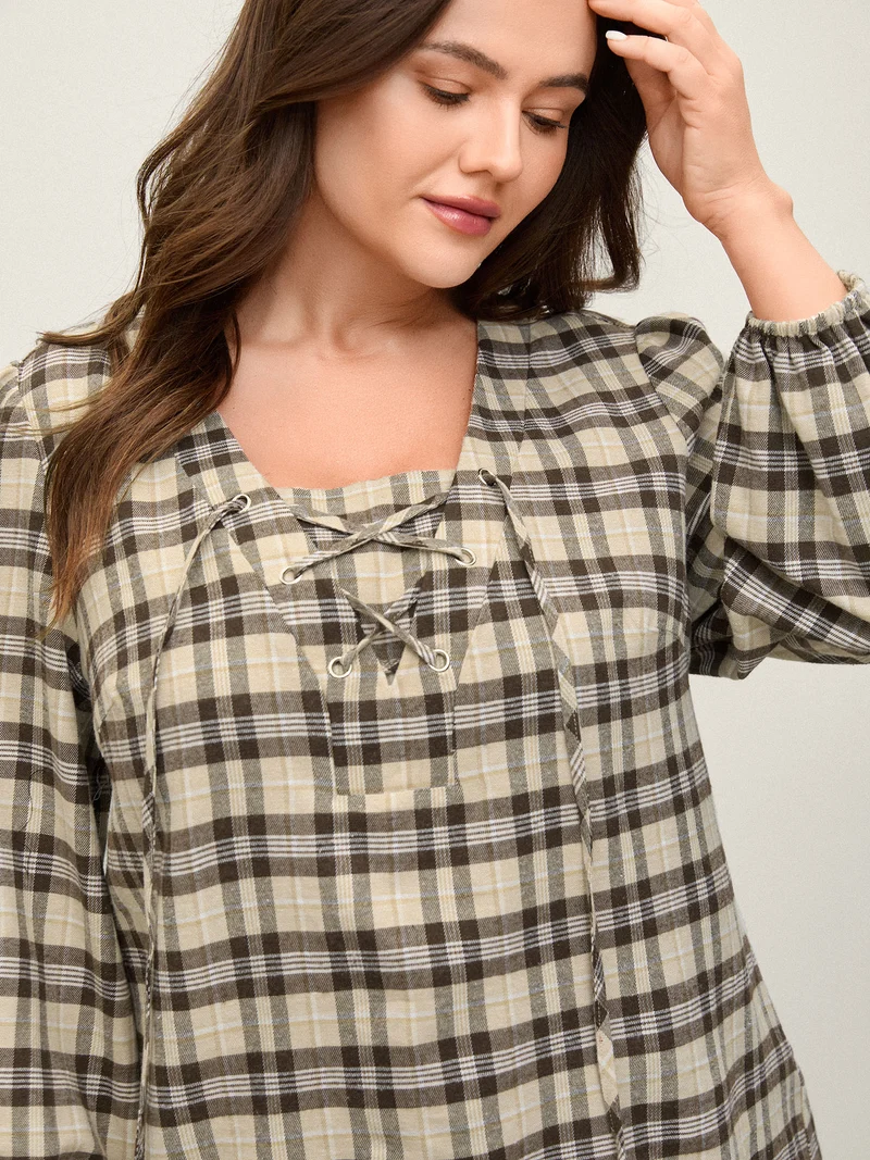 Plaid Print Neck Tie-Up Blouse
