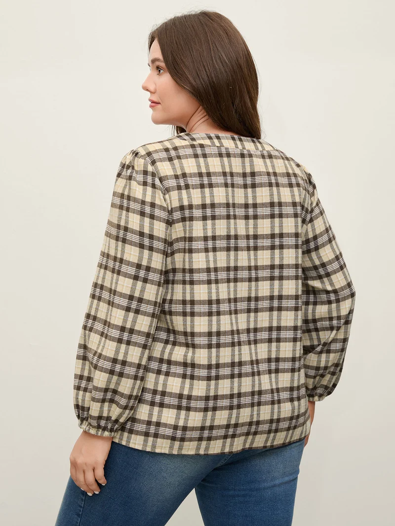 Plaid Print Neck Tie-Up Blouse