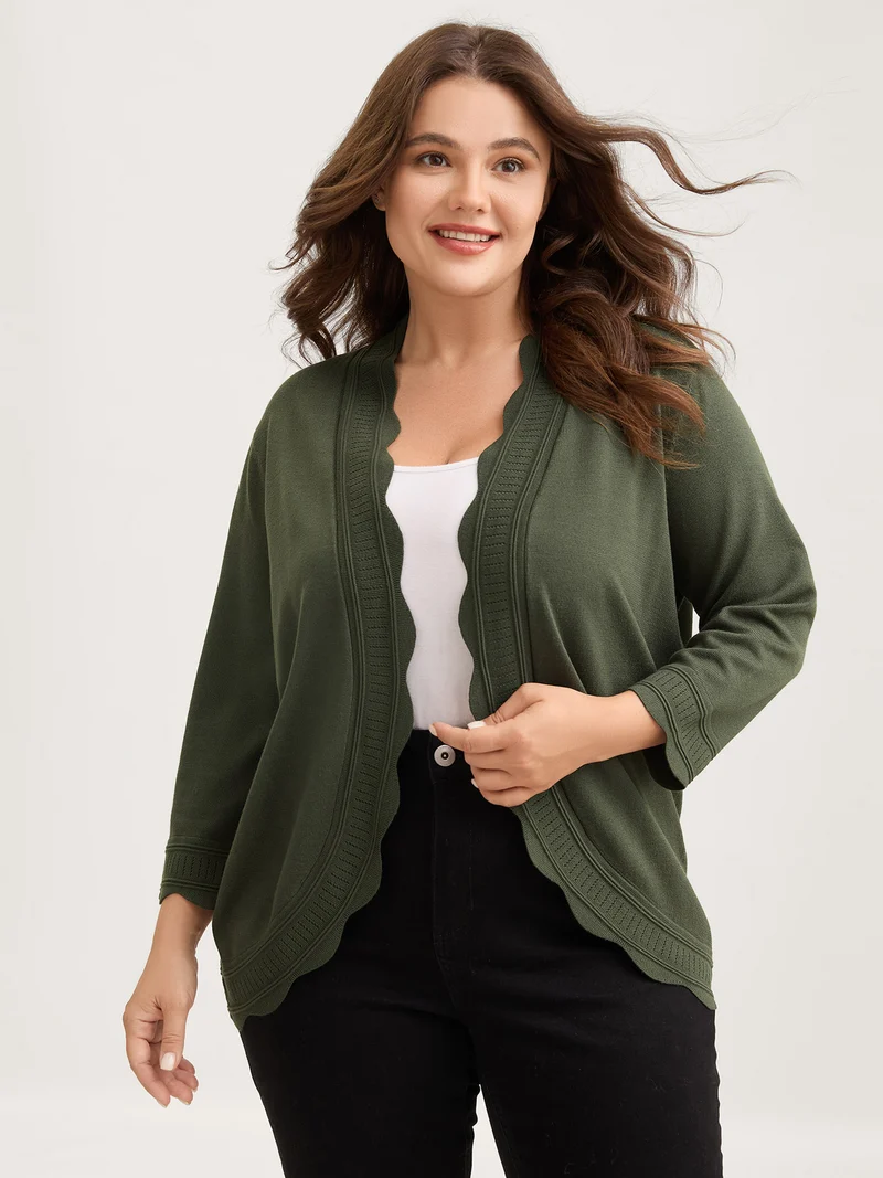 Supersoft Scalloped Trim Three-Quarter Sleeve Cardigan