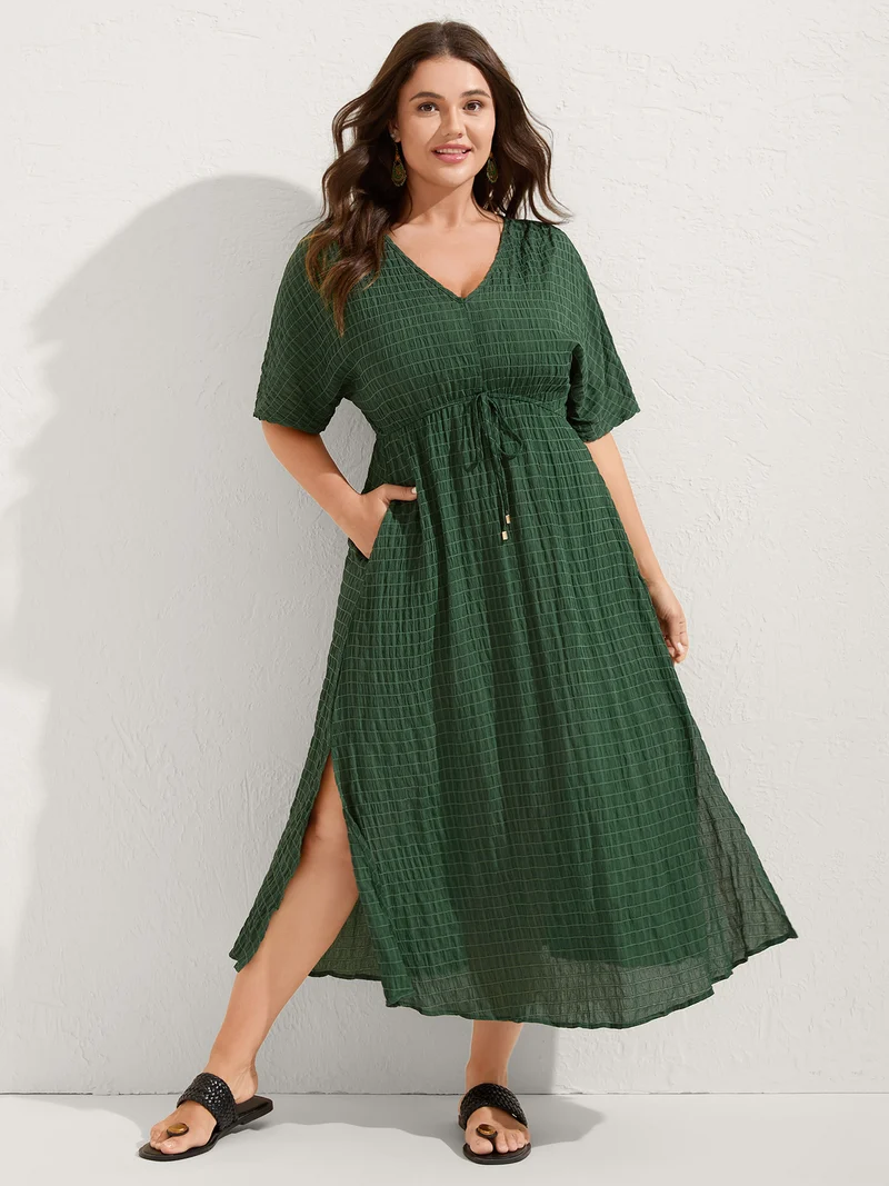 Textured Split Hem Waist-Tie Maxi Dress