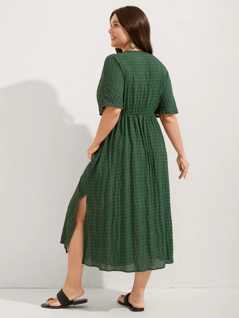 Textured Split Hem Waist-Tie Maxi Dress