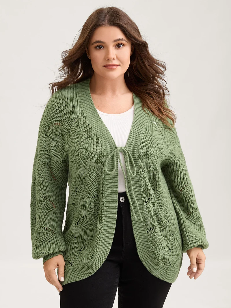 Cut-Out Textured Tie Knit Cardigan
