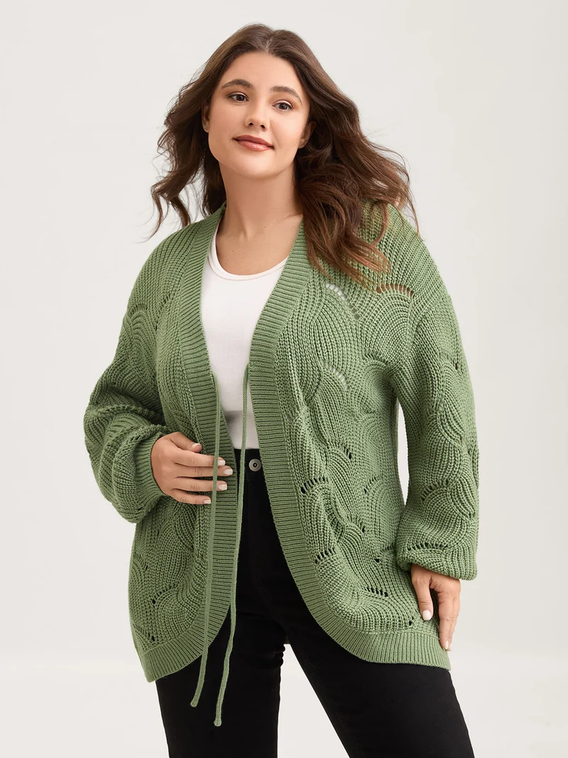 Cut-Out Textured Tie Knit Cardigan