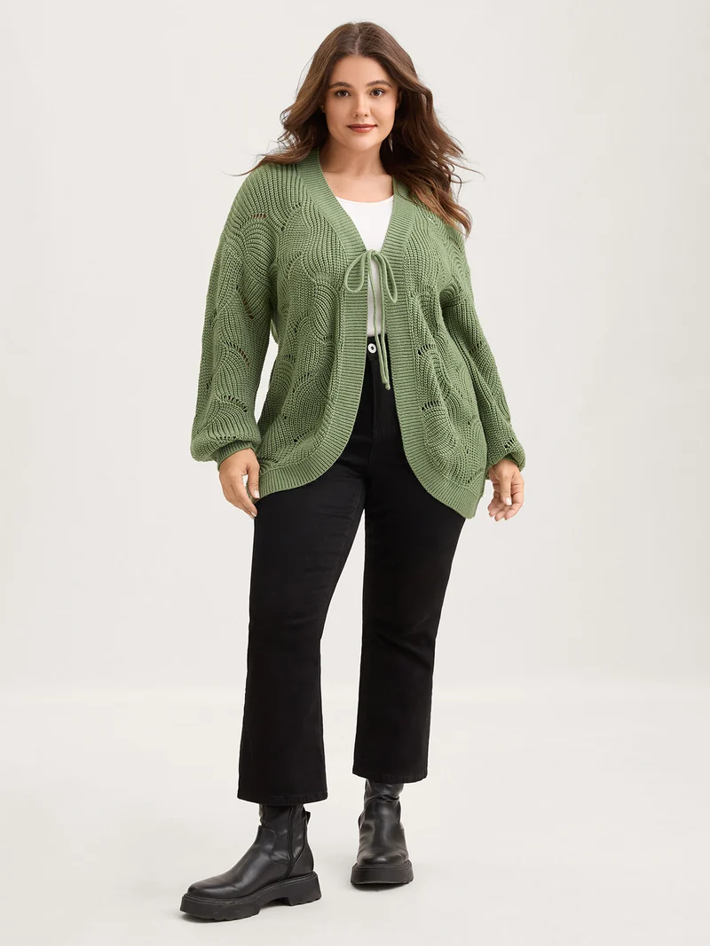 Cut-Out Textured Tie Knit Cardigan