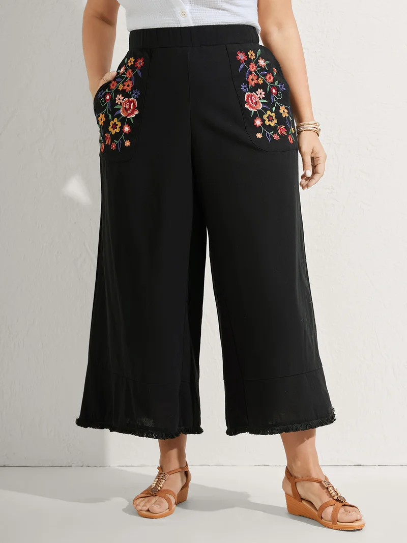 Cotton Floral Embroidered Pockets Ribbed Hem Pants