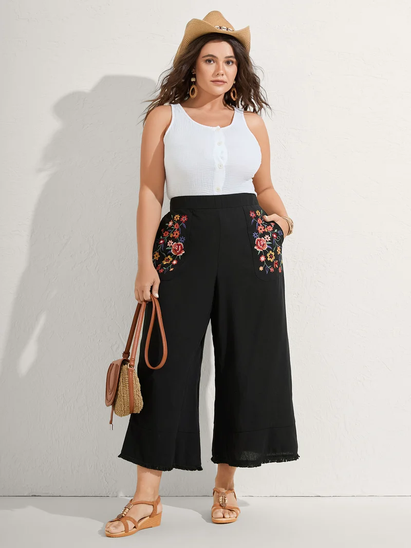 Cotton Floral Embroidered Pockets Ribbed Hem Pants